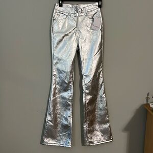 NWT Silver Metallic Faux Leather Flare Leg Pants Zip Front